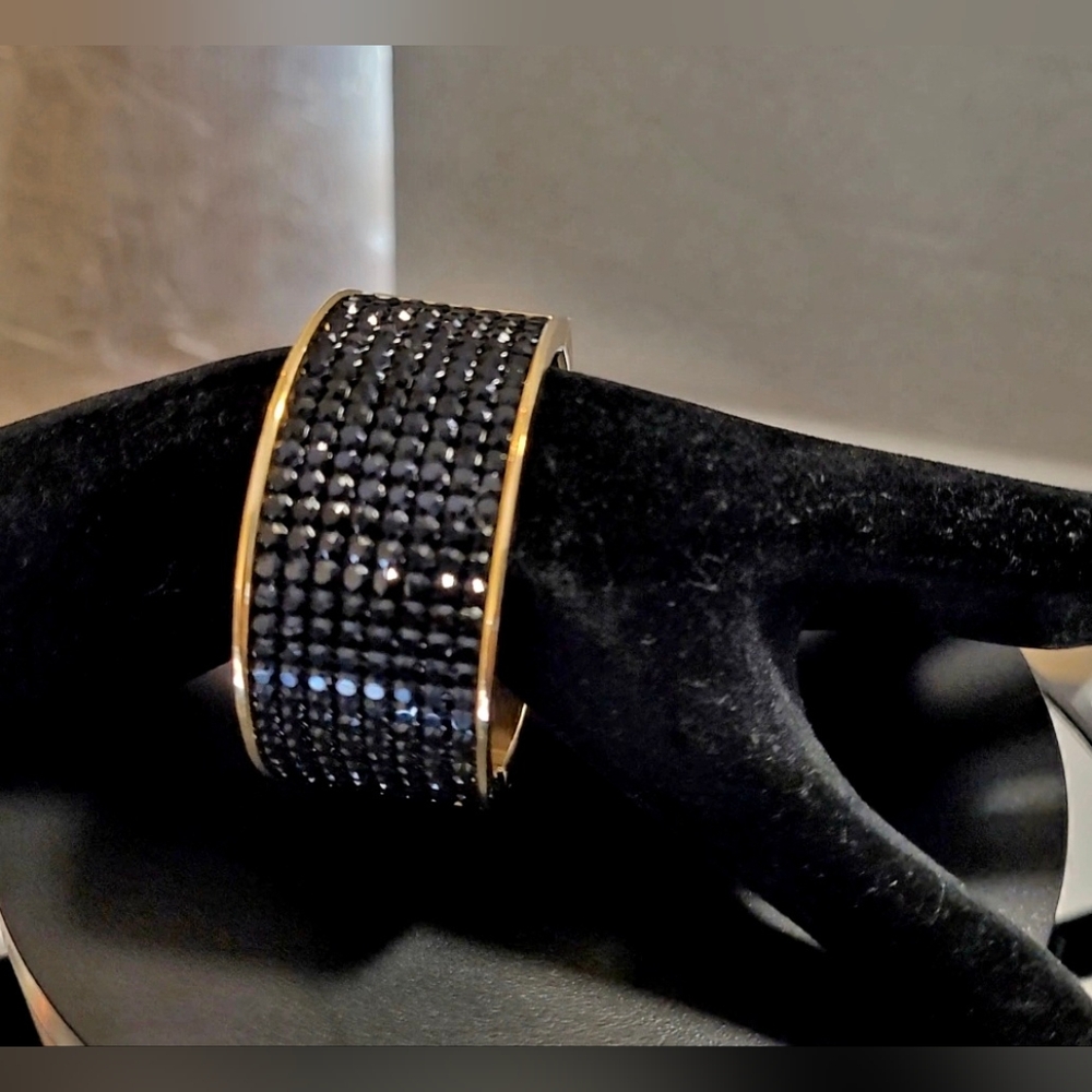 SWAROVSKI VINTAGE BANGLE BLACK CRYSTAL & LEATHER EXTRA WIDE HINGED BRACELET  M